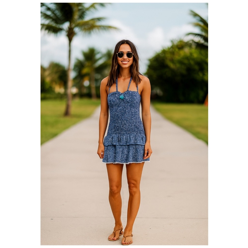 POUPETTE ST. BARTH Navy Blue Floral Ruffled Halter Romper Mini Dress Small